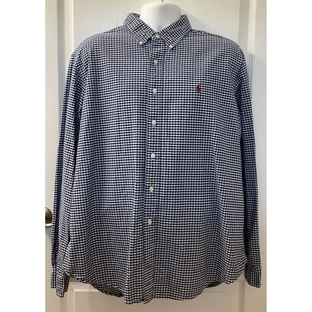 Ralph Lauren Shirt Mens 2XL Button Up Custom Fit Cotton Check Blue Casual